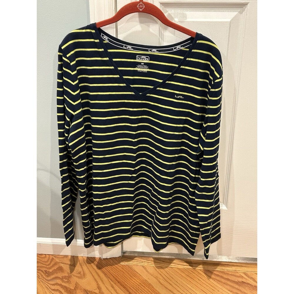 Ralph Lauren Women's 2X Navy Striped Cotton Knit Top